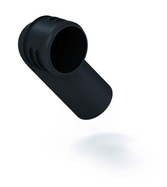 Ein schwarzer zylindrischer Adapter oder Aufsatz mit einem geneigten Ende, möglicherweise zum Anbringen an Ausrüstung oder Maschinen verwendet.
