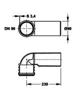 Technische Zeichnung eines Rohranschlusses mit Spezifikationen: Durchmesser 90 mm, Länge 230 mm, Nenndurchmesser (DN) 90, Wandstärke 3,4 mm.