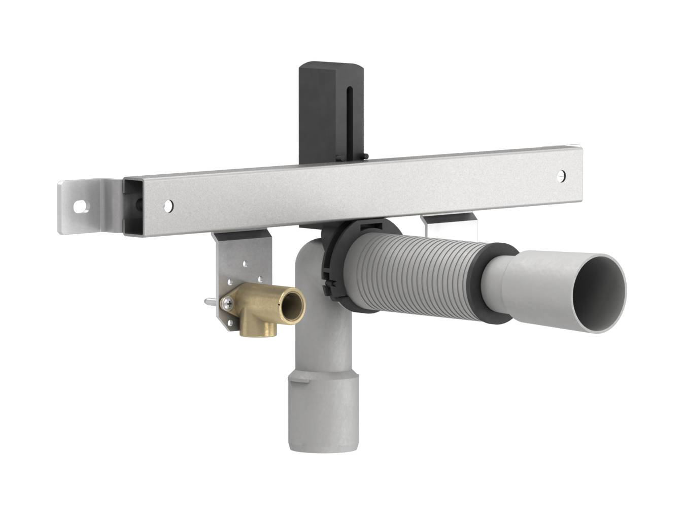 Ein wandmontiertes Rohrbefestigungssystem mit einer metallischen Tragstange, grauen und Messingbeschlägen sowie einem flexiblen grauen Schlauch.