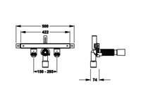Vorder- und Seitenansicht einer Wandhalterung mit Abmessungen: Breite 500 mm, Lochabstand für Befestigung 422 mm, verstellbare Länge 150-285 mm und Tiefe 74 mm.