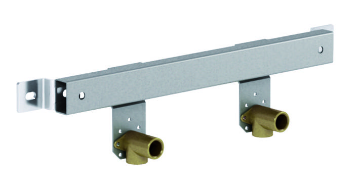 Stahlmontageschienenhalterung mit zwei Kupfer-Rohrbogen, entwickelt zur Unterstützung von wandhängenden Installationen wie Waschbecken oder Toiletten.