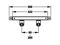 Draufsicht auf eine Montageklammer mit Maßangaben: 500 mm Gesamtbreite, 422 mm Innenbreite, 80 mm Abstand zwischen Befestigungspunkten, 285 mm Länge.