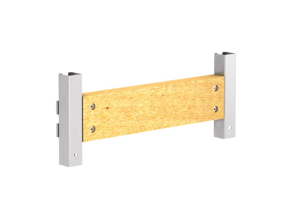 Ein Holzbalken mit Metallbeschlägen an beiden Enden, ausgelegt für strukturelle Unterstützung.