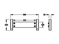 Technische Zeichnung einer mechanischen Welle mit Flanschen, mit folgenden Maßangaben: Länge '500', Bolzenabstand '422', Flansckdicke '38' und '100'.