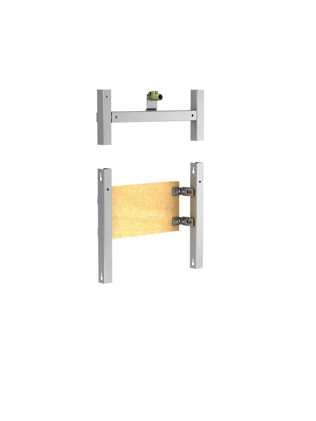 Illustration einer Metall-Wandhalterung mit integrierter Wasserwaage und einem Panel, das durch zwei Scharniere zwischen vertikalen Schienen befestigt ist.