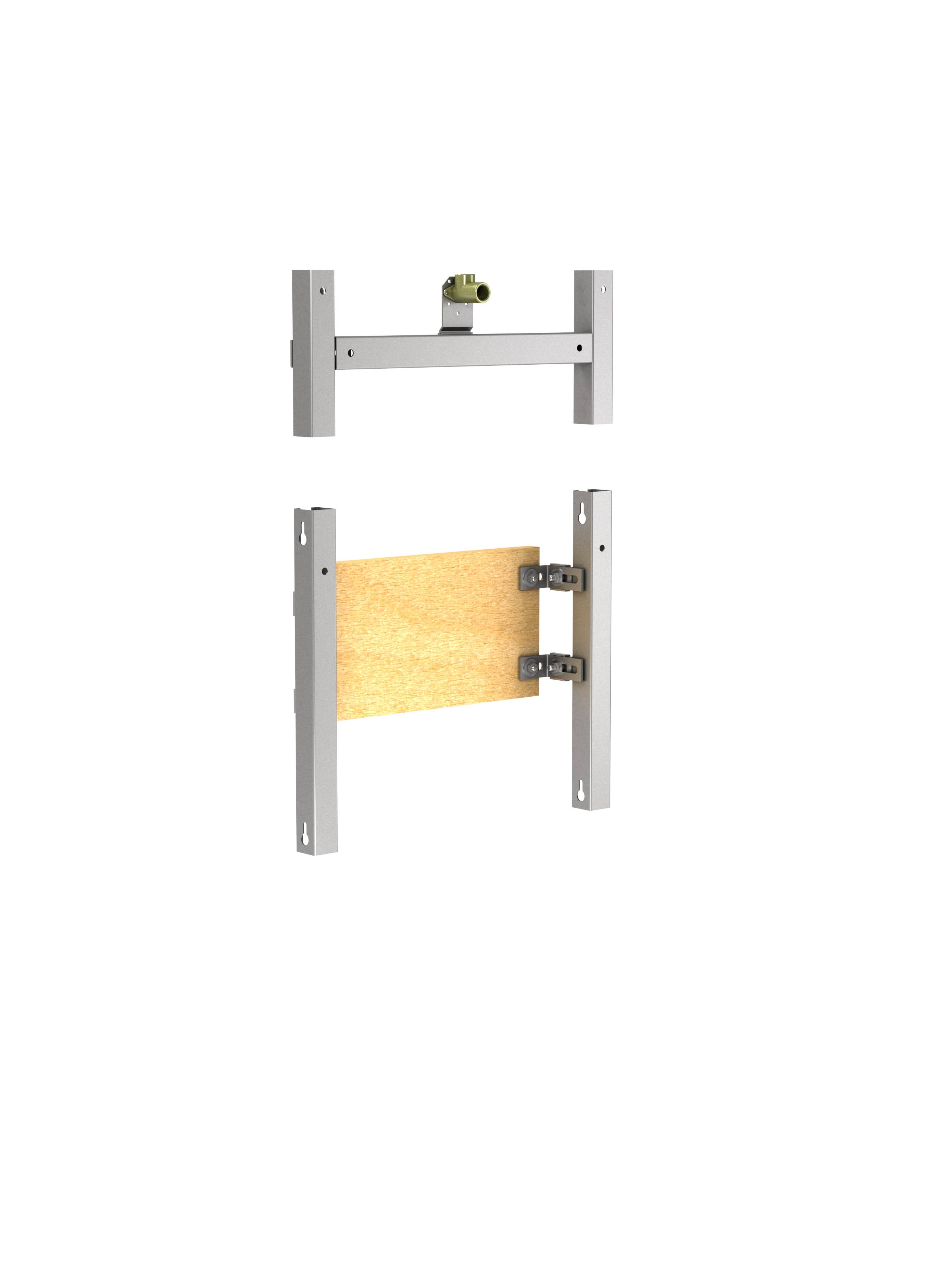 Oberes Bild: Metallrahmen mit angebrachtem Nivellierwerkzeug. Unteres Bild: Holzplatte zwischen zwei Metallhalterungen befestigt.