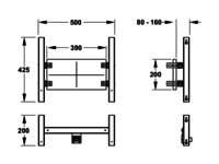 Technische Zeichnung einer Halterungshalterung mit Maßen: 500 mm Breite, 390 mm Innenbreite, 195 mm Höhe und verstellbare Tiefe von 80-160 mm.