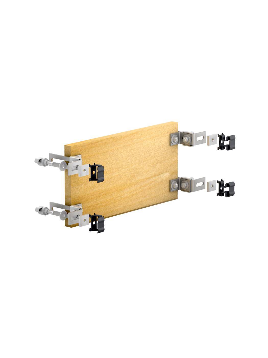 Holzplatte mit Metallscharnierbeschlägen und Montagehardware in einer explodierten Montageansicht