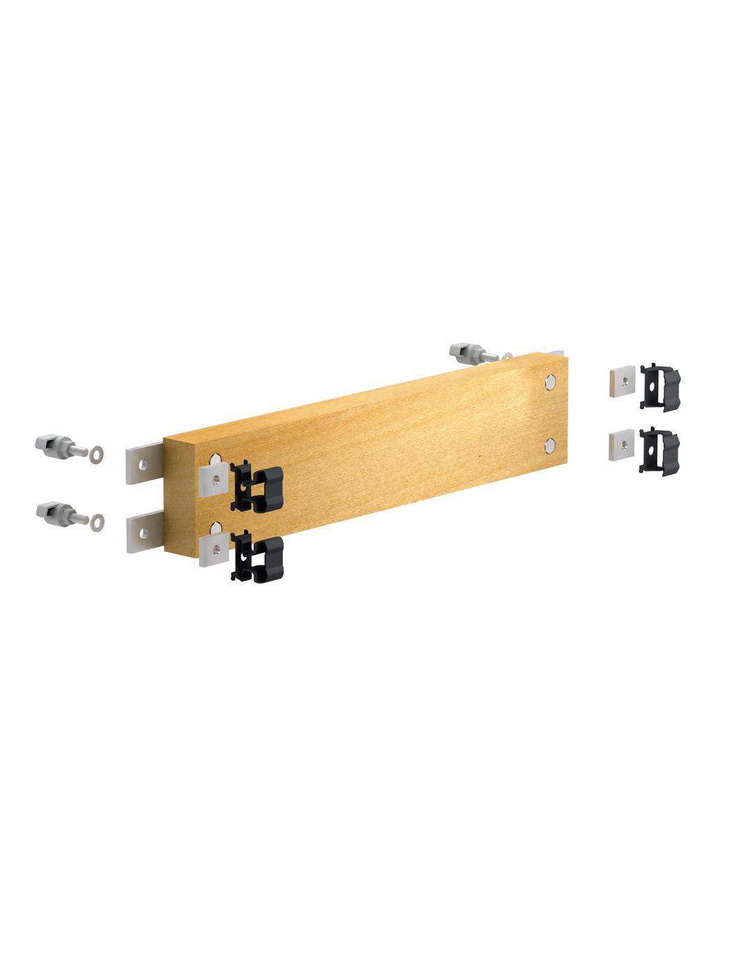 Holzschiebtür-Schienenhardware-Set mit Metallhalterungen, Rollen und Montageschrauben in explodierter Darstellung auf weißem Hintergrund.