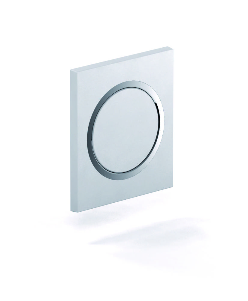 Ein schlanker, moderner quadratischer Lichtschalter mit einem zentralen kreisförmigen Knopf auf weißem Hintergrund, der minimalistische Designästhetik widerspiegelt.