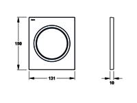 Diagramm, das die Abmessungen eines quadratischen Objekts zeigt: 150 bei 131 mit einer Tiefe von 10.