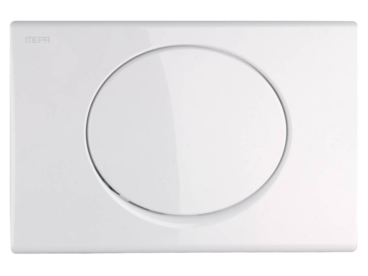 Ein Nahaufnahme eines weißen, kreisförmigen Druckknopfs auf einem schlanken, modernen rechteckigen Panel vor einem weißen Hintergrund.