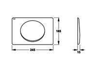 Diagramm, das die Abmessungen eines rechteckigen Objekts mit einem kreisförmigen Element zeigt. Abmessungen: 245 x 165 x 13 Einheiten.