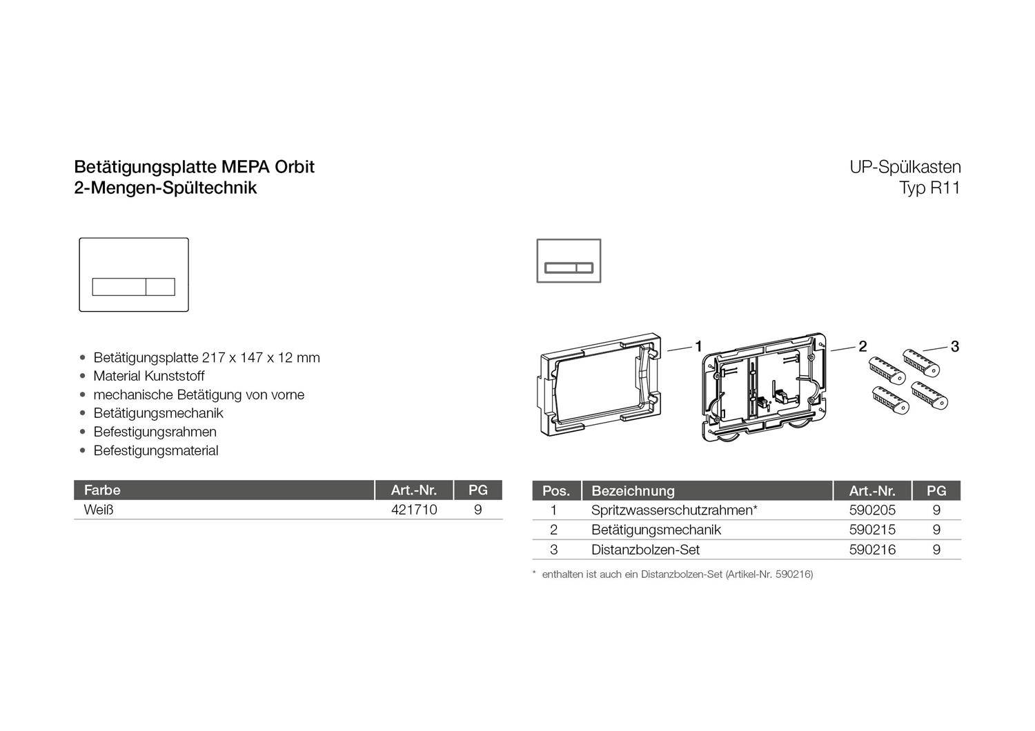 # Technische Produktzeichnung für 'Betätigungsplatte MEPA Orbit 2-Mengen-Spültechnik' und 'UP-Spülkasten Typ R11' mit Abmessungen, Teilen und Artikelnummern.