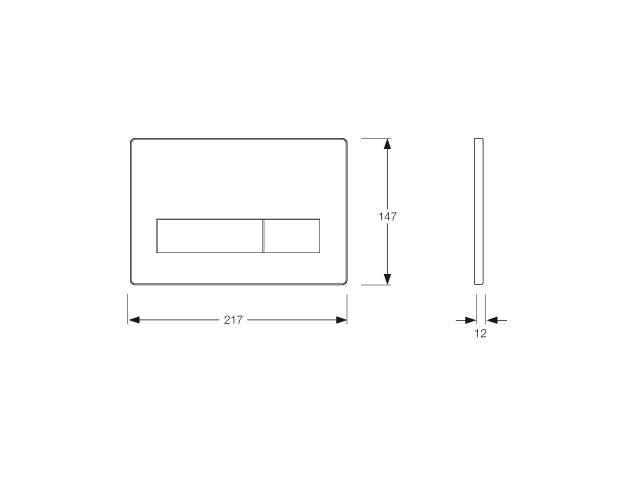 Technische Zeichnung eines rechteckigen Schaltertableaus mit Vorder- und Seitenansicht. Abmessungen sind beschriftet: 217 mm Breite, 147 mm Höhe, 12 mm Tiefe.