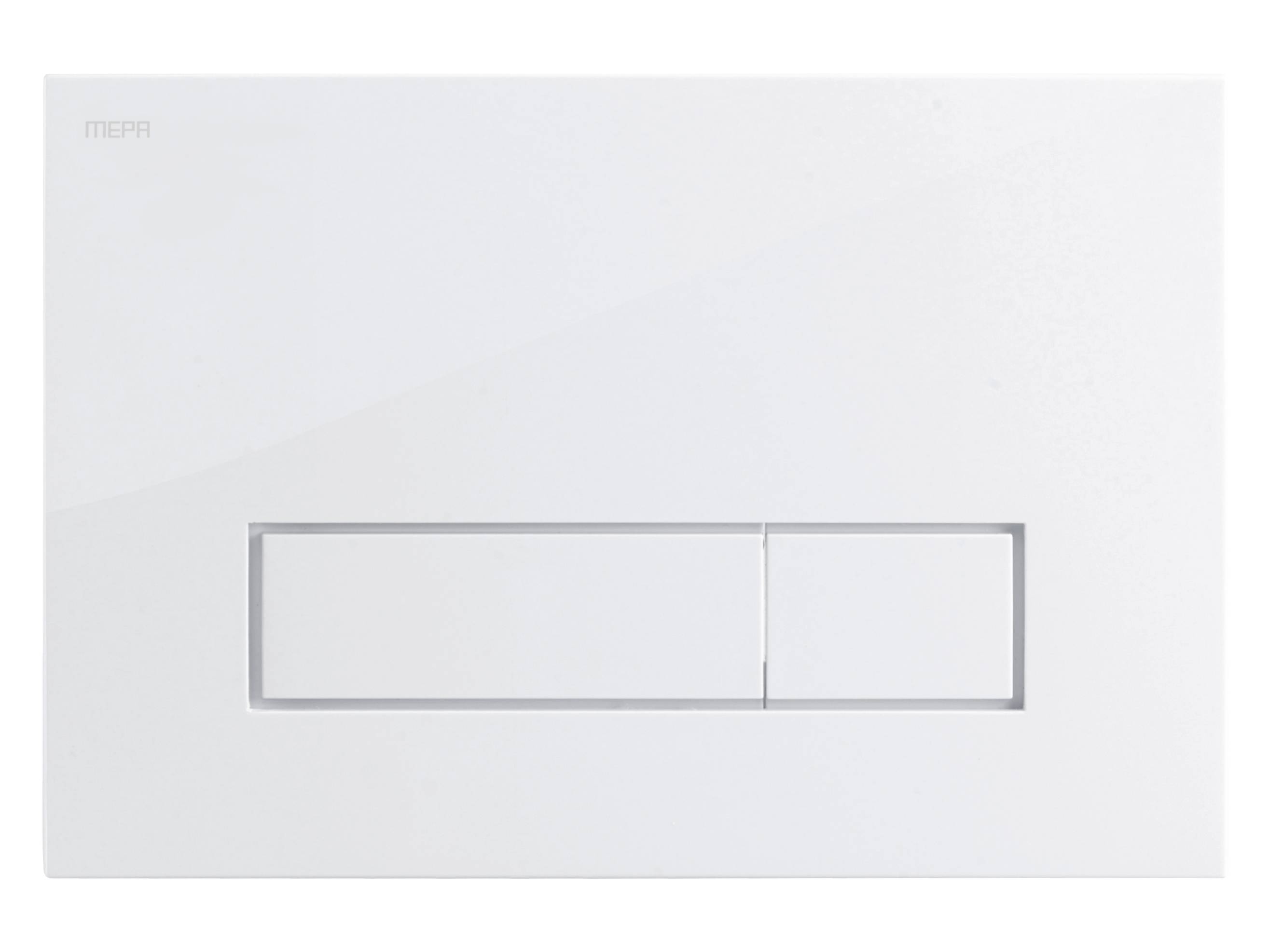 Eine moderne, minimalistische Dual-Flush-Toilettenspülung auf einer weißen Oberfläche.