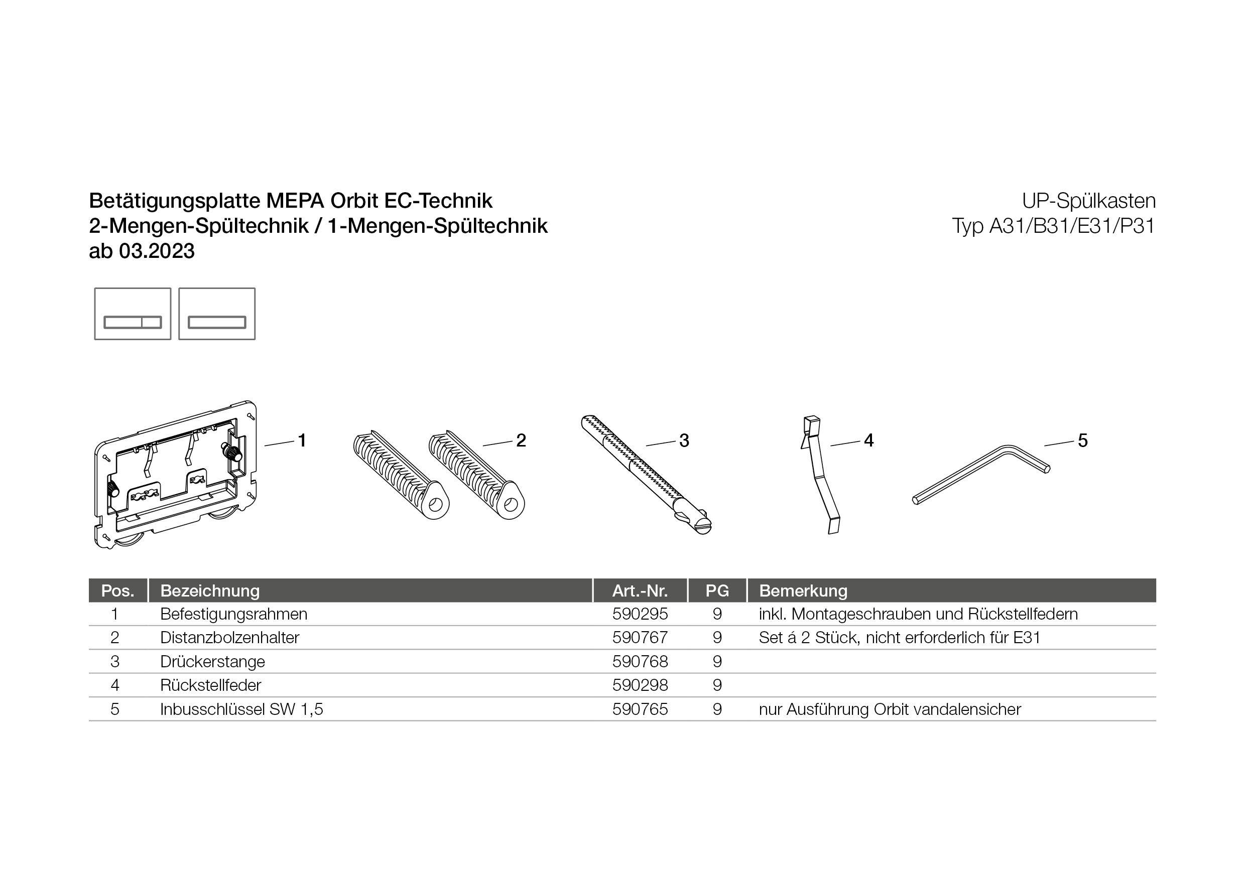 Explosionszeichnung mit Teilelistenansicht für MEPA Orbit EC-Tech, einschließlich Rahmen, Bolzen, Feder und Inbusschlüssel. Bezeichnungen zeigen Teilenummern an.
