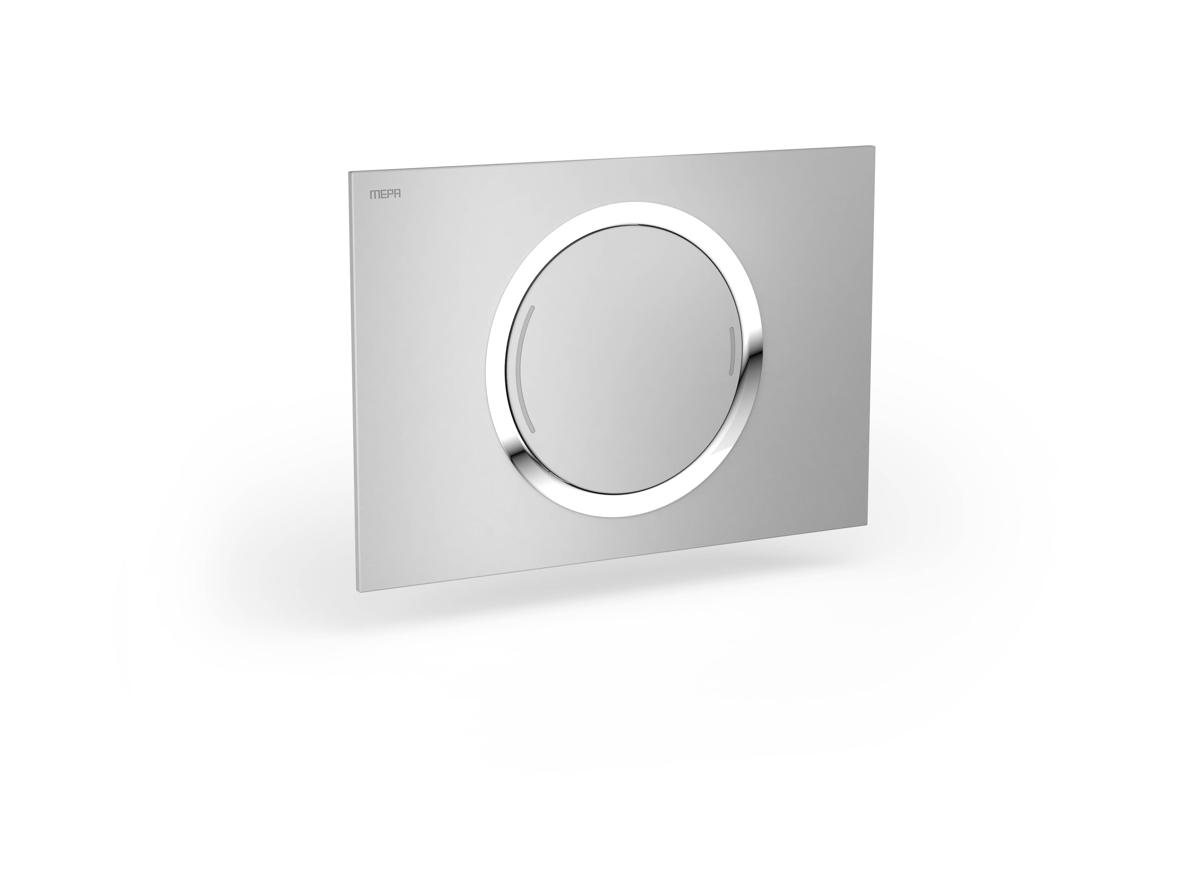 Rechteckiges Metallwandpanel mit einem zentralen kreisförmigen Knopf, der von einem polierten Silberring umgeben ist. Geeignet für moderne Badezimmerarmaturen.