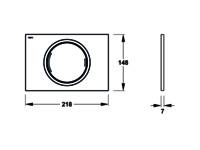 Diagramm eines rechteckigen Objekts mit einem Kreis in der Mitte. Abmessungen: 218 breit, 148 hoch und 7 dick.