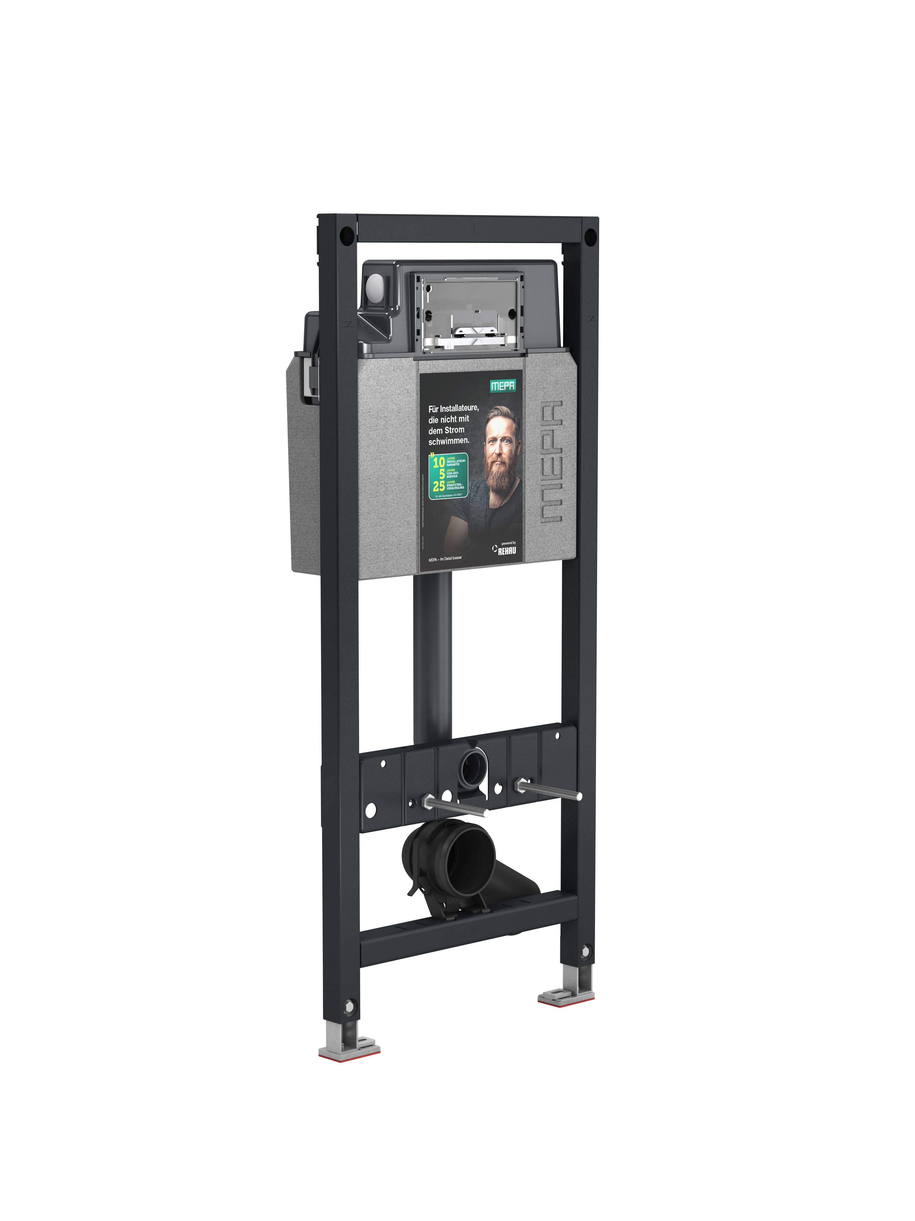 Ein Metallrahmen mit montierten Sanitärkomponenten, versehen mit einer grauen Platte mit einer Produktwerbung. Geeignet für Badezimmerinstallationen.