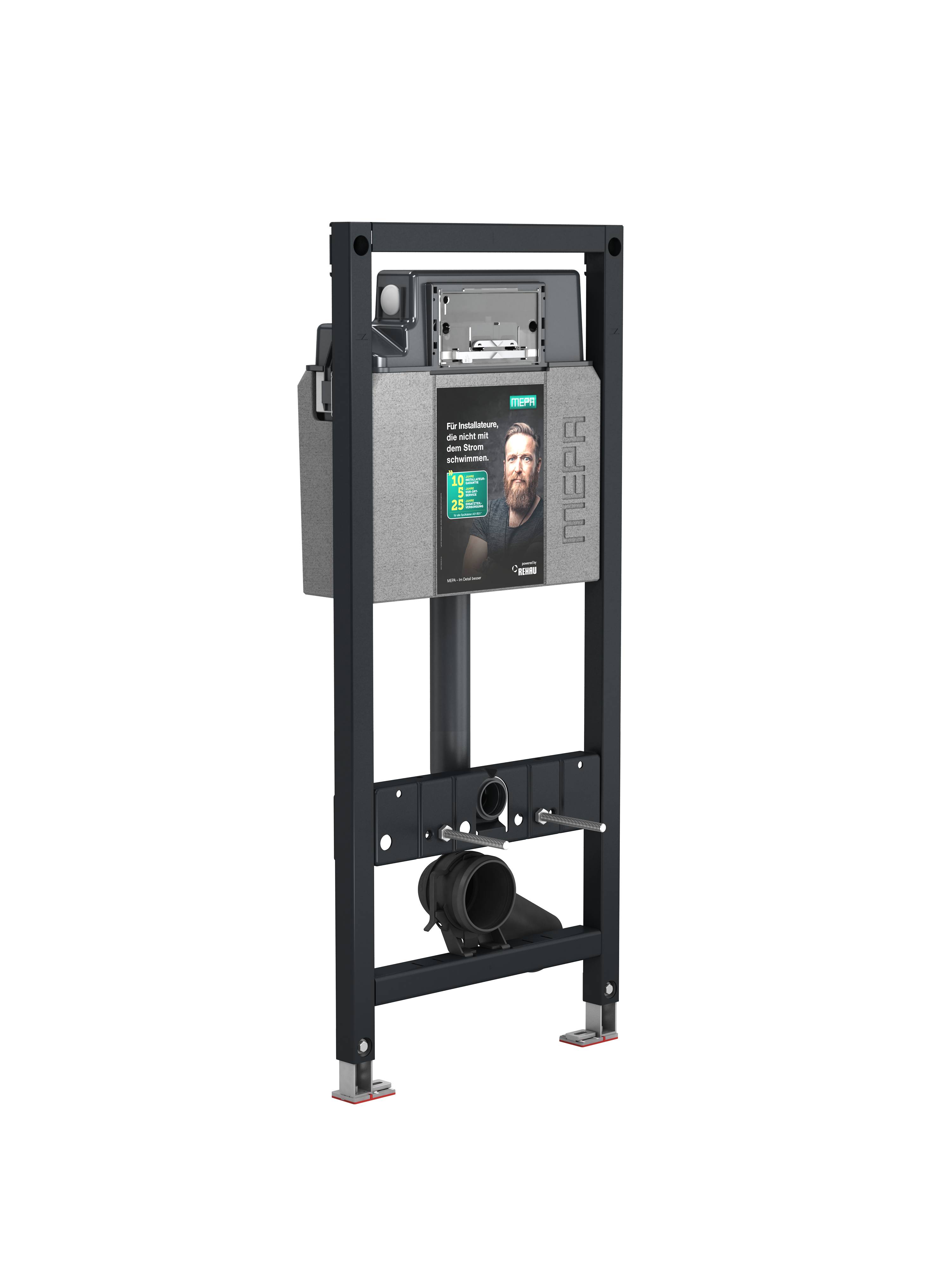 Ein wandmontierter Toilettenspülkasten mit einem digitalen Bildschirm, auf dem ein Männergesicht und Text neben einem Siemens-Logo vor einem schwarzen Hintergrund zu sehen sind.