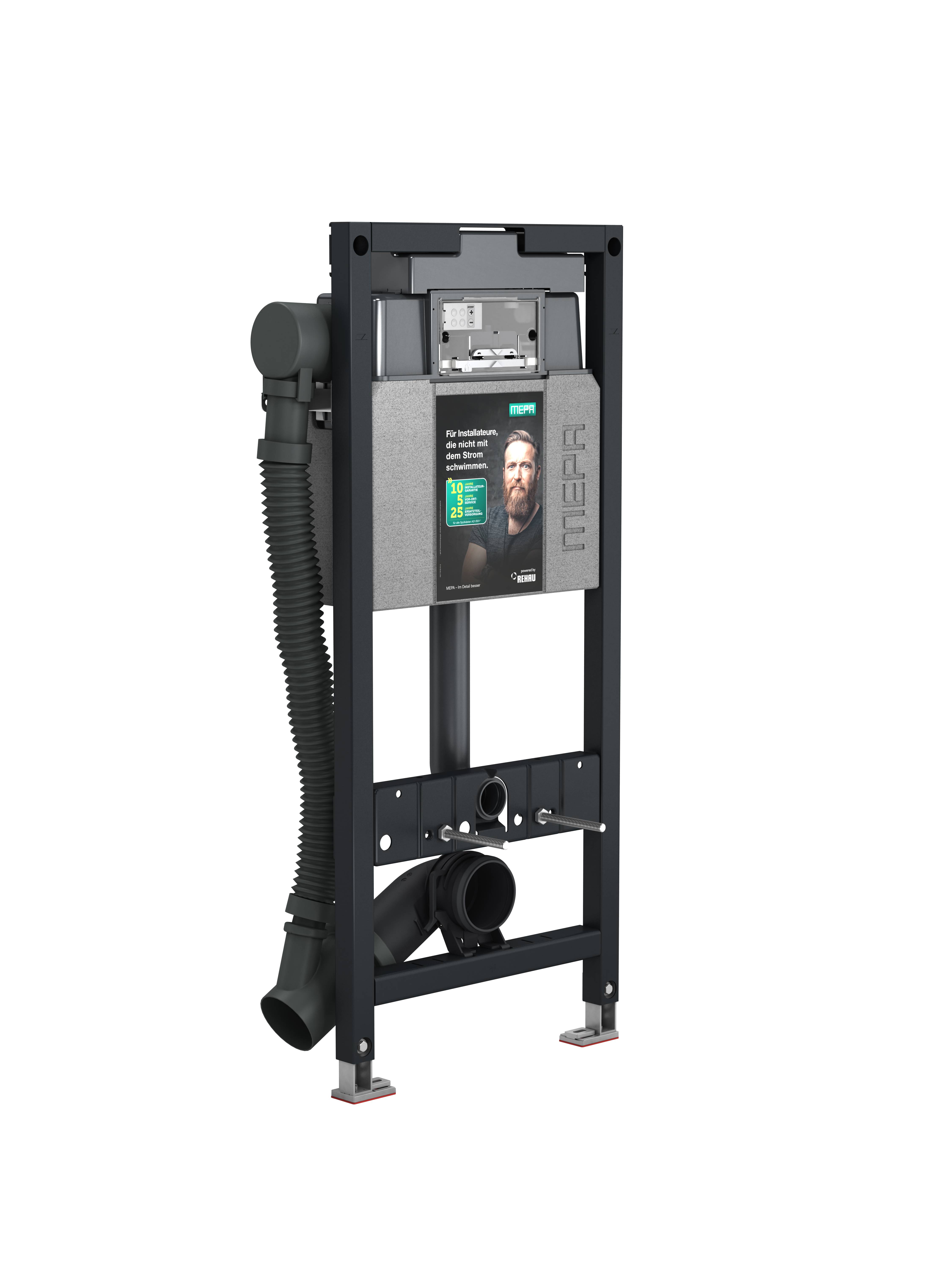 MEPA Installationsrahmen für Wandhängende Toiletten, der eine langlebige und moderne Gestaltung mit integrierten Anschlüssen und verstellbarer Unterstützung präsentiert.