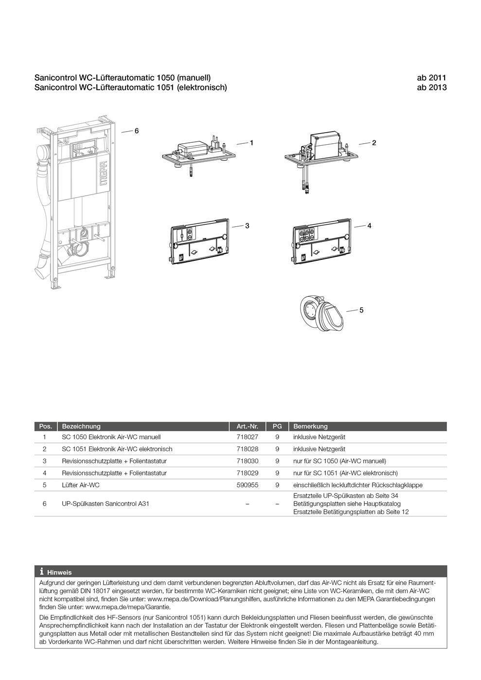 Technische Teilzeichnung für Sanicontrol WC-Lötfernautomatic 1050/1051, zeigt gekennzeichnete Komponenten 1-6 und eine Teileliste mit Artikelnummern und Anmerkungen.