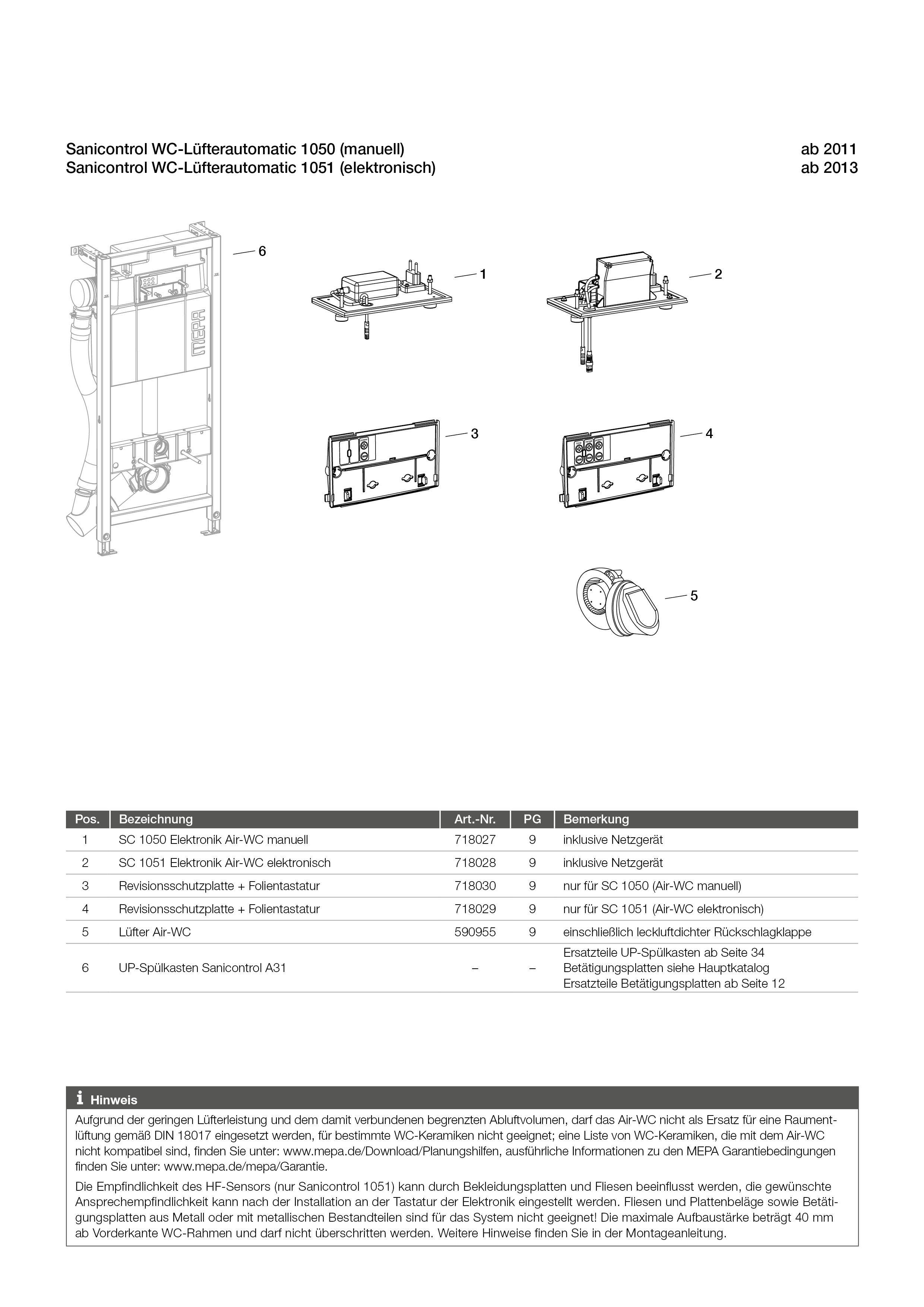 Installationsdiagramm für ein wandmontiertes Spülkastensystem mit nummerierten Teilen: Spülmechanismus, Bedienplatte und Rahmenbefestigungen.