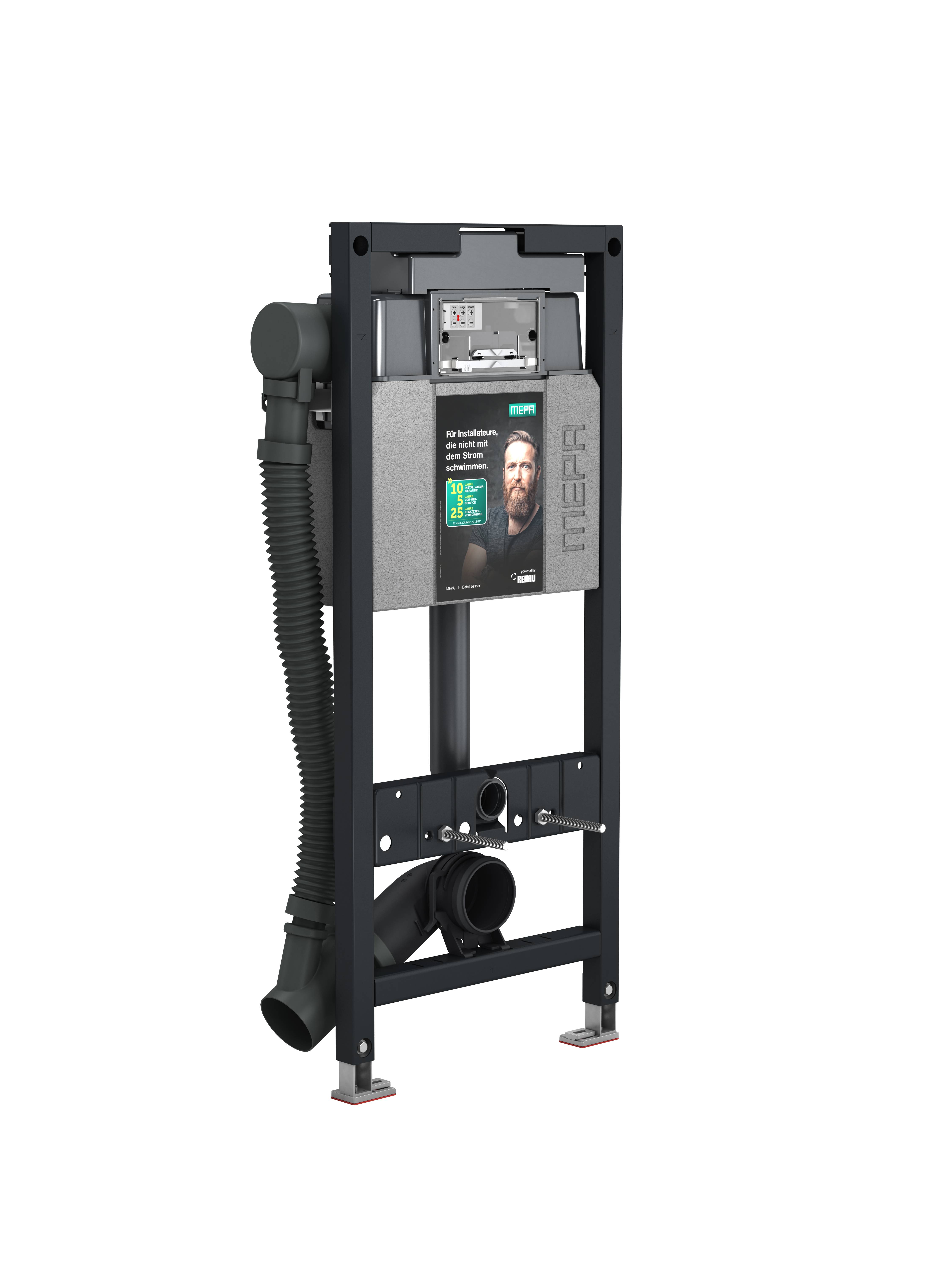 Ein wandmontiertes Klempnersystem-Gestell mit Rohren und einem Panel mit einer Werbeanzeige.