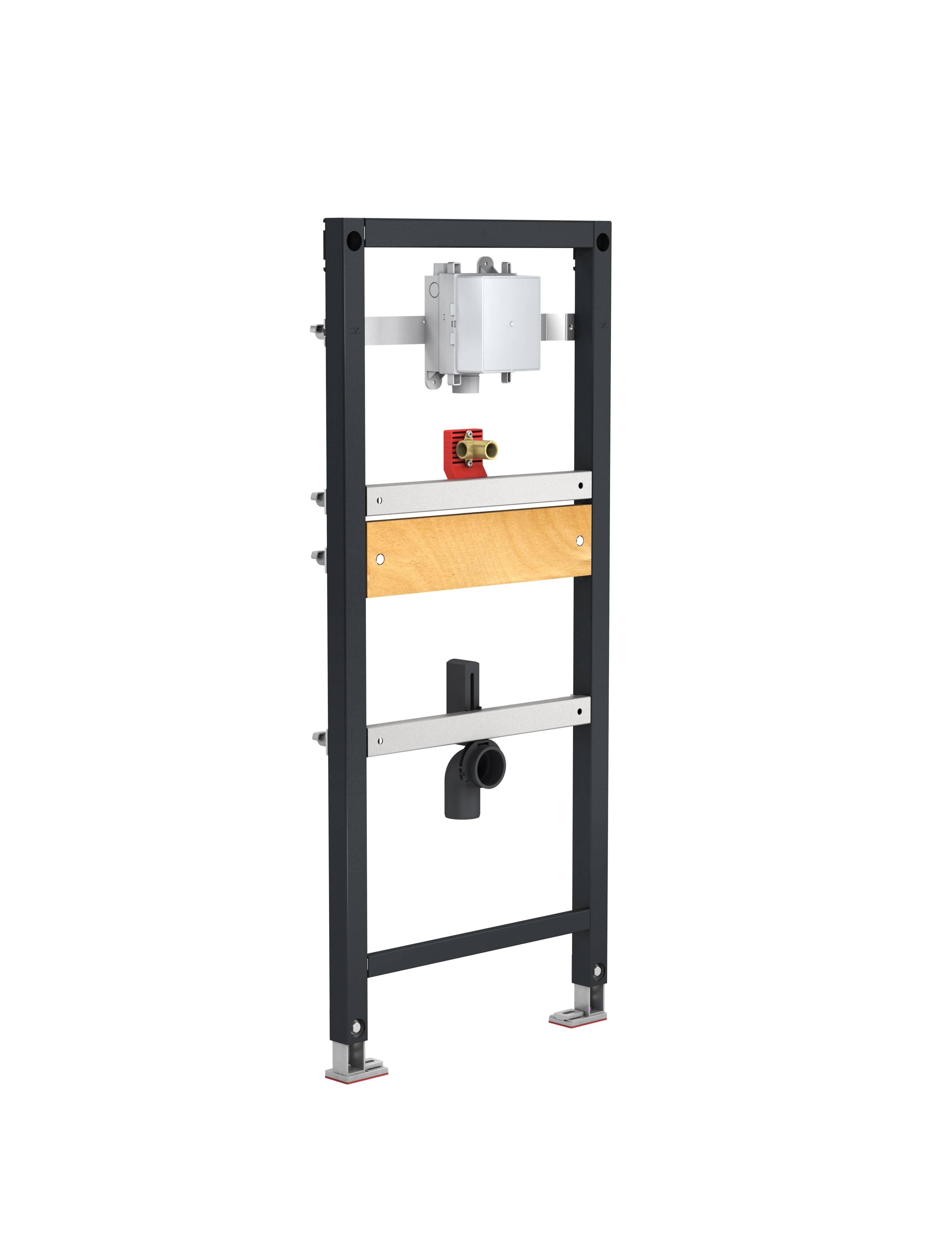 Metallrahmenkonstruktion für wandmontierte Sanitärinstallation, ausgestattet mit einer Toilettenspülvorrichtung, Wassereinlass und Ablaufauslass.