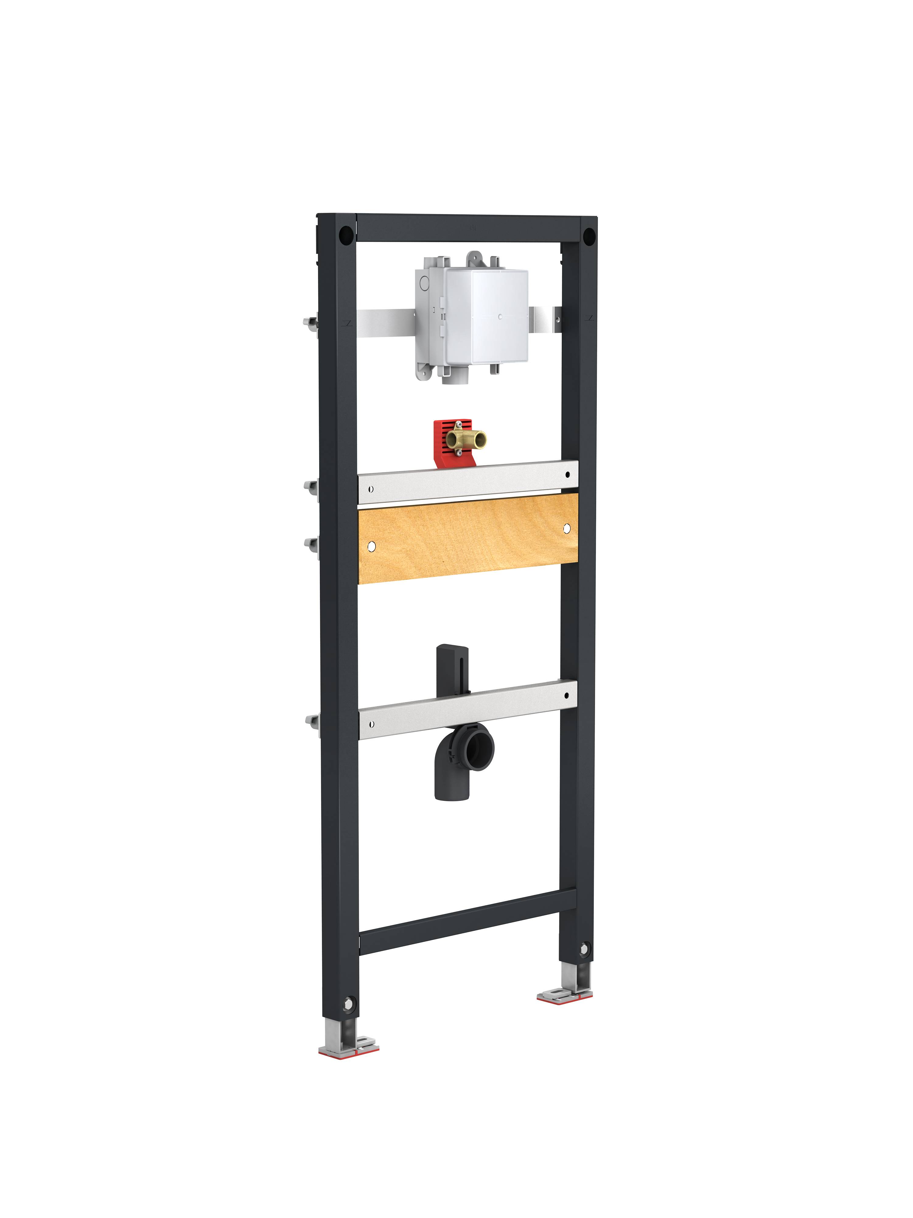 Eine Metallrahmenkonstruktion mit angeschlossenen Klempnerkomponenten, einschließlich eines Ventils und eines Rohrs, vor einem schwarzen Hintergrund.