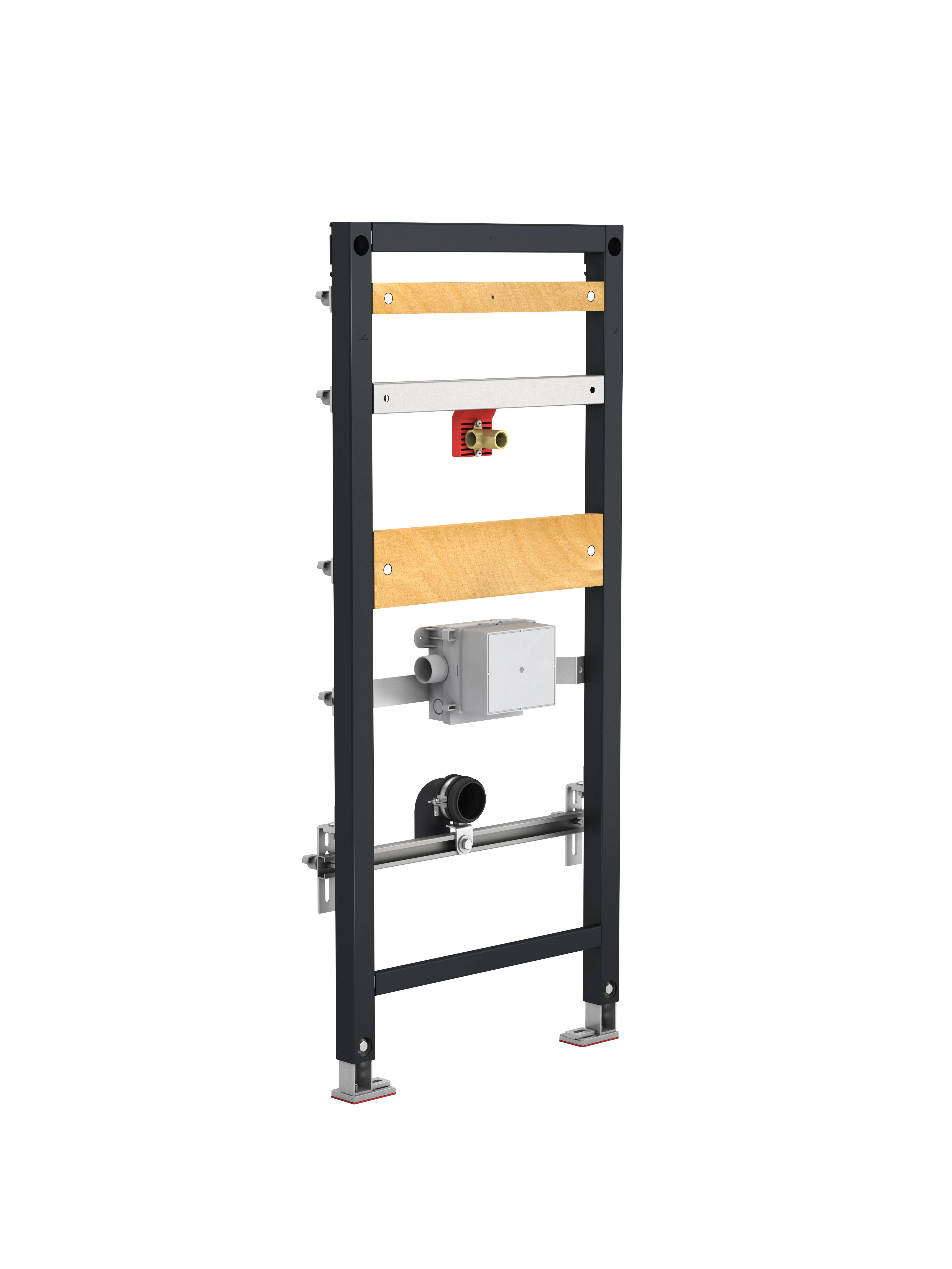 Freistehender Metallrahmen mit Holzteilen und Sanitärkomponenten, einschließlich eines roten Ventils oben, einer grauen Box in der Mitte und eines Rohrs am unteren Ende.