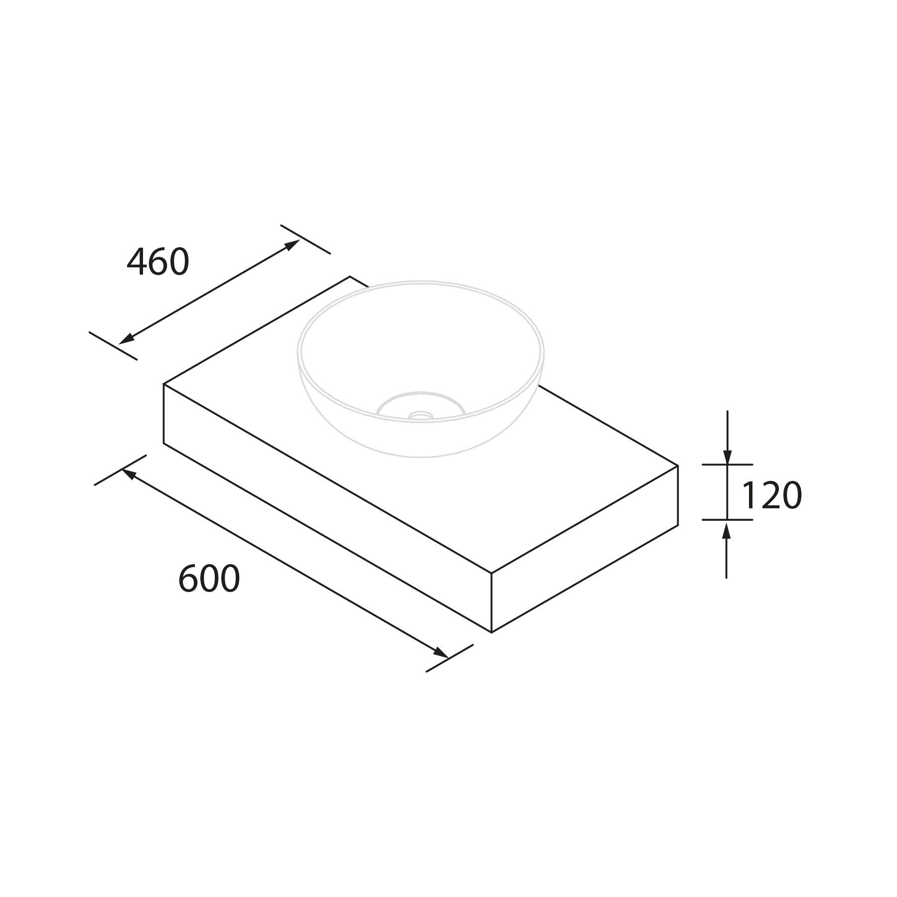 Isometrische Zeichnung einer Arbeitsplatte mit rundem Waschbecken; Abmessungen: Breite 600 mm, Tiefe 460 mm, Höhe 120 mm.