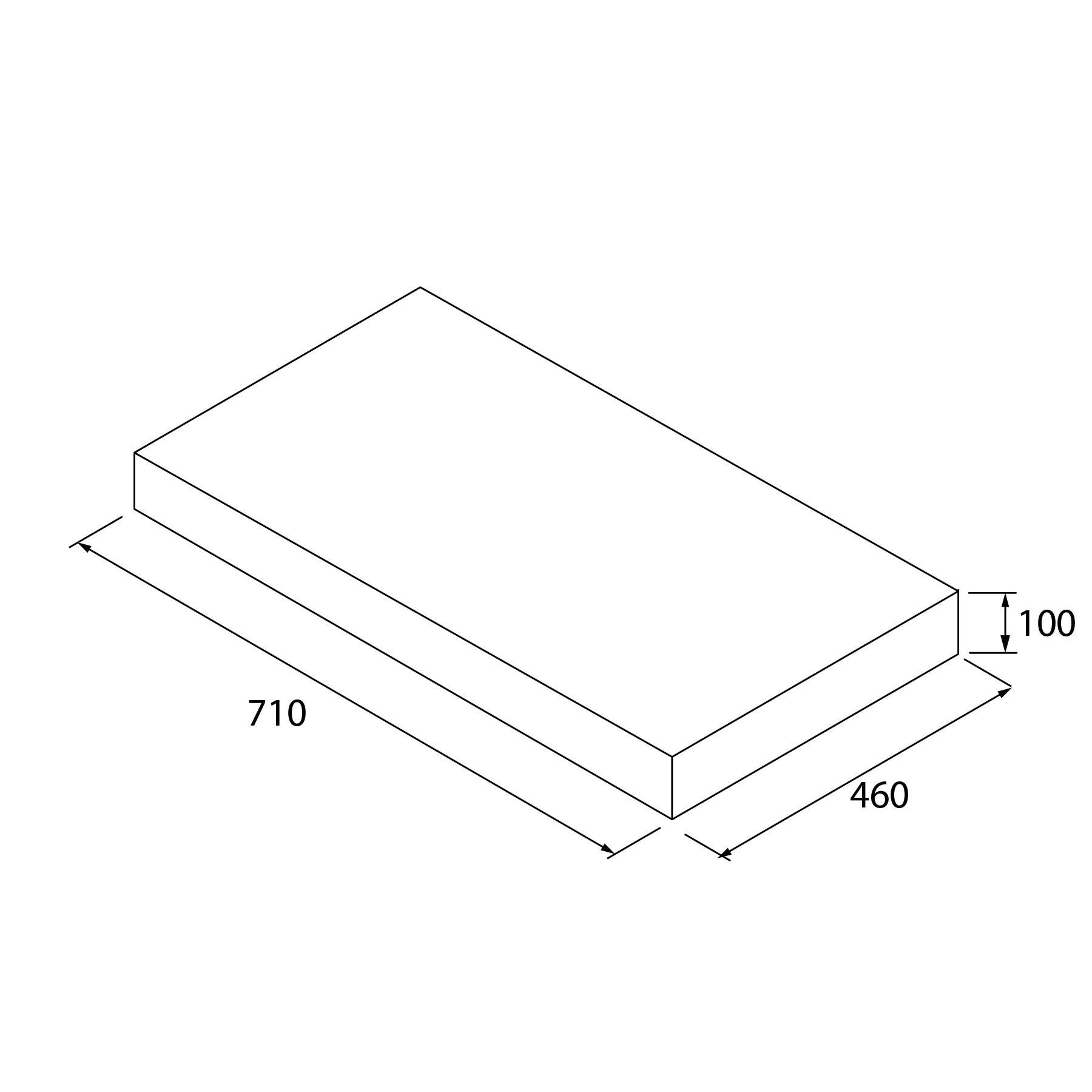 Eine 3D-Darstellung eines rechteckigen Blocks mit Abmessungen: 710 mm in der Breite, 460 mm in der Tiefe und 100 mm in der Höhe.