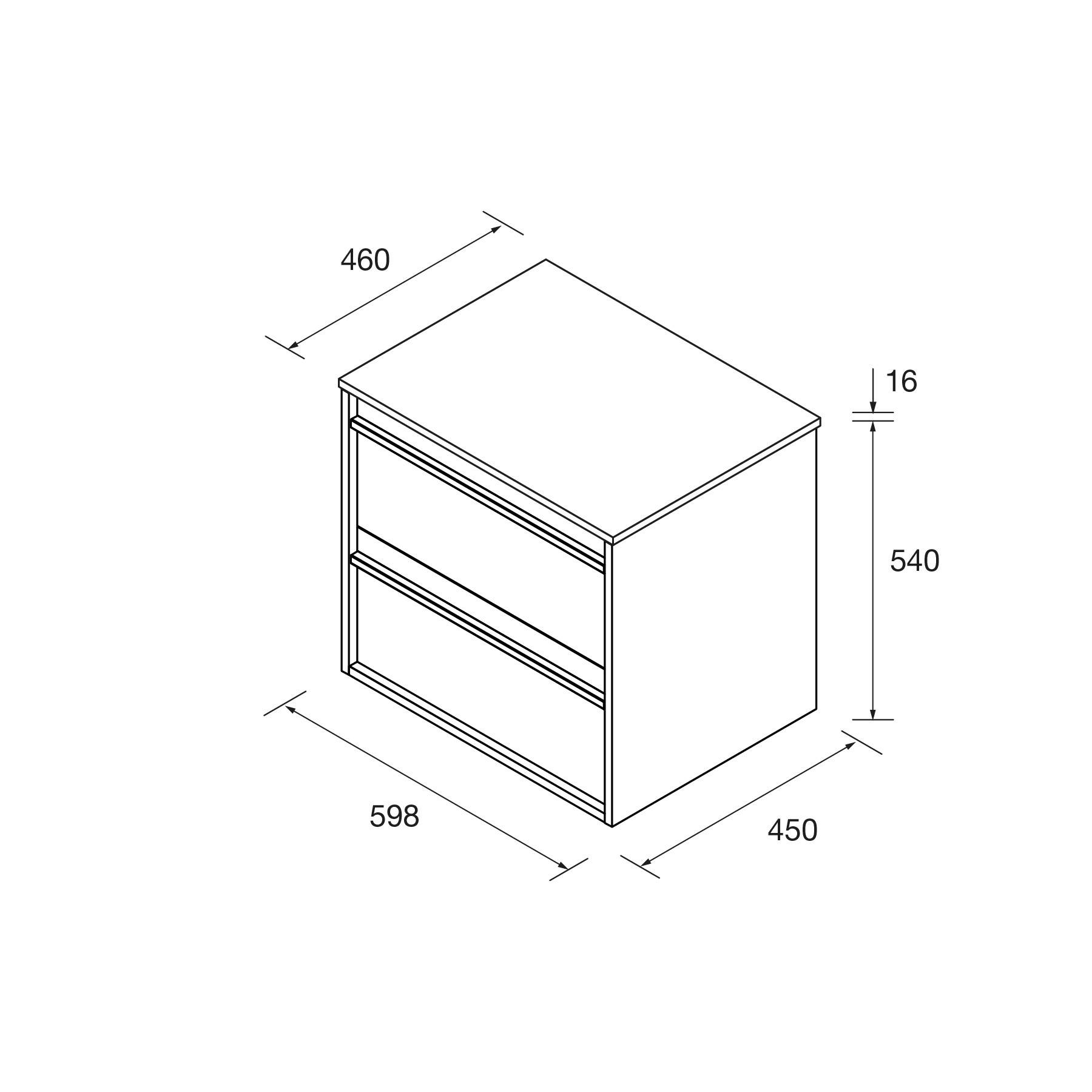 Technische Zeichnung eines Zweischubladen-Schranks. Maße: 460 mm Breite, 450 mm Tiefe, 540 mm Höhe, mit 598 mm Schubladenbreite.