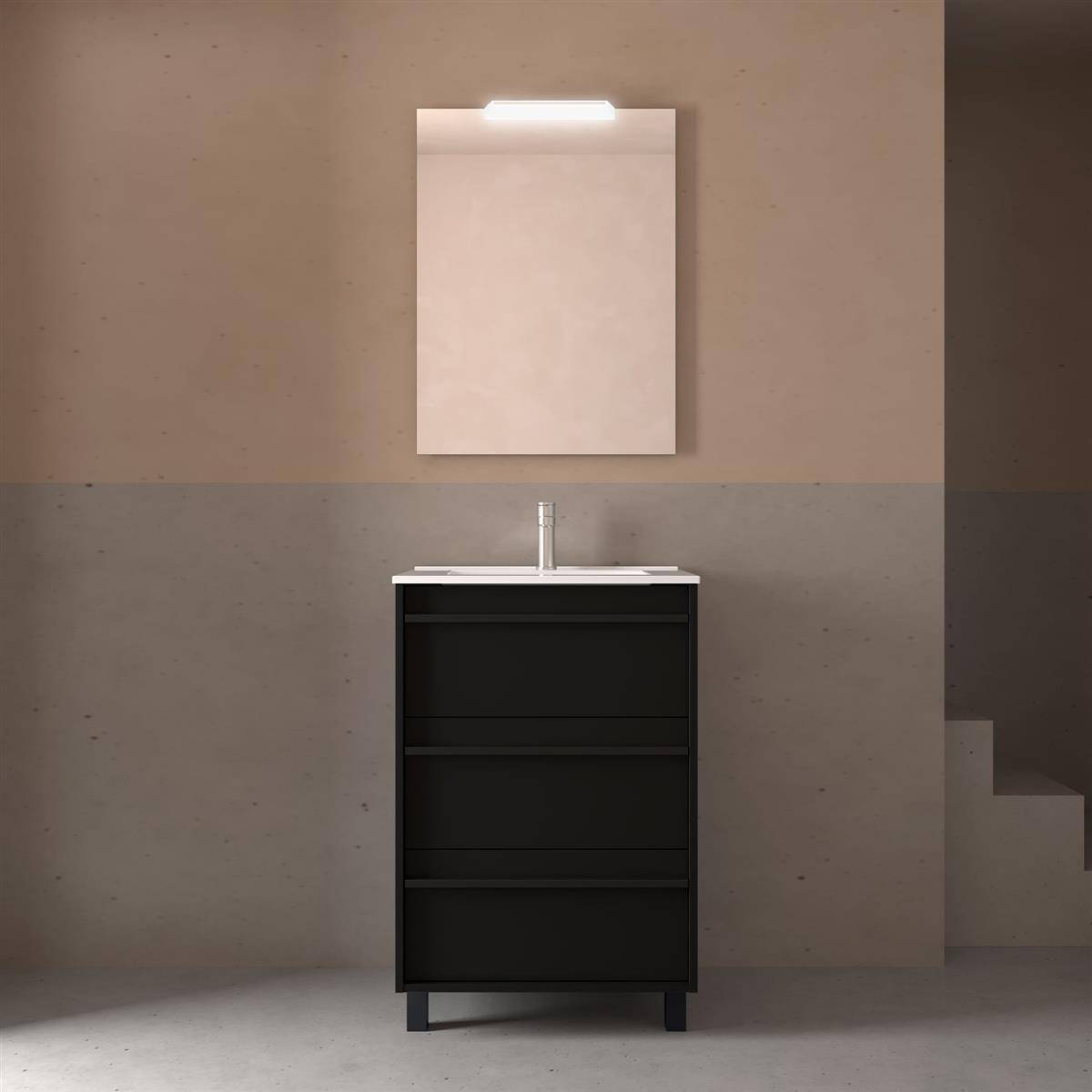 Modernes Badezimmer-Waschbecken mit beleuchtetem Spiegel über einem schwarzen Waschtischschrank vor einer minimalistischen beige und grauen Wand.