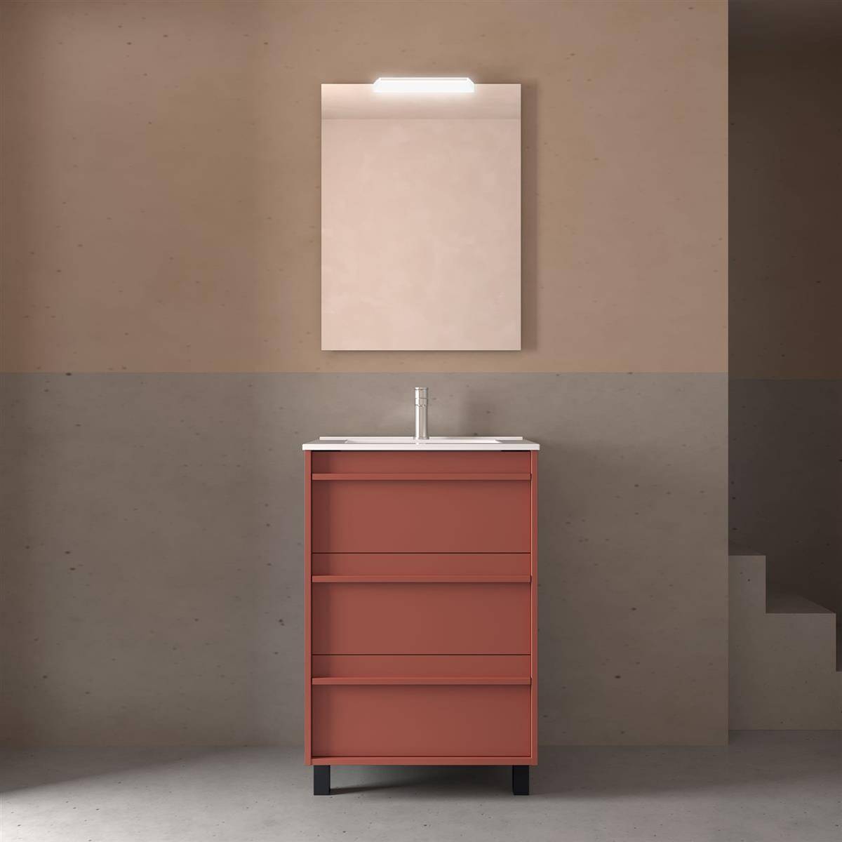 Badezimmermöbel ATTILA 600 3 Schubladen RED SATIN + Waschtisch + Spiegel