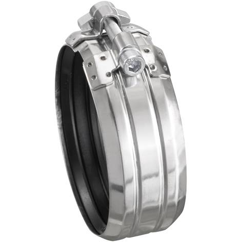 Eine Metall-Rohrkupplung mit Schraubbolzen zum Festziehen, verwendet um zwei Rohre miteinander zu verbinden, hergestellt aus glänzendem metallischem Material.