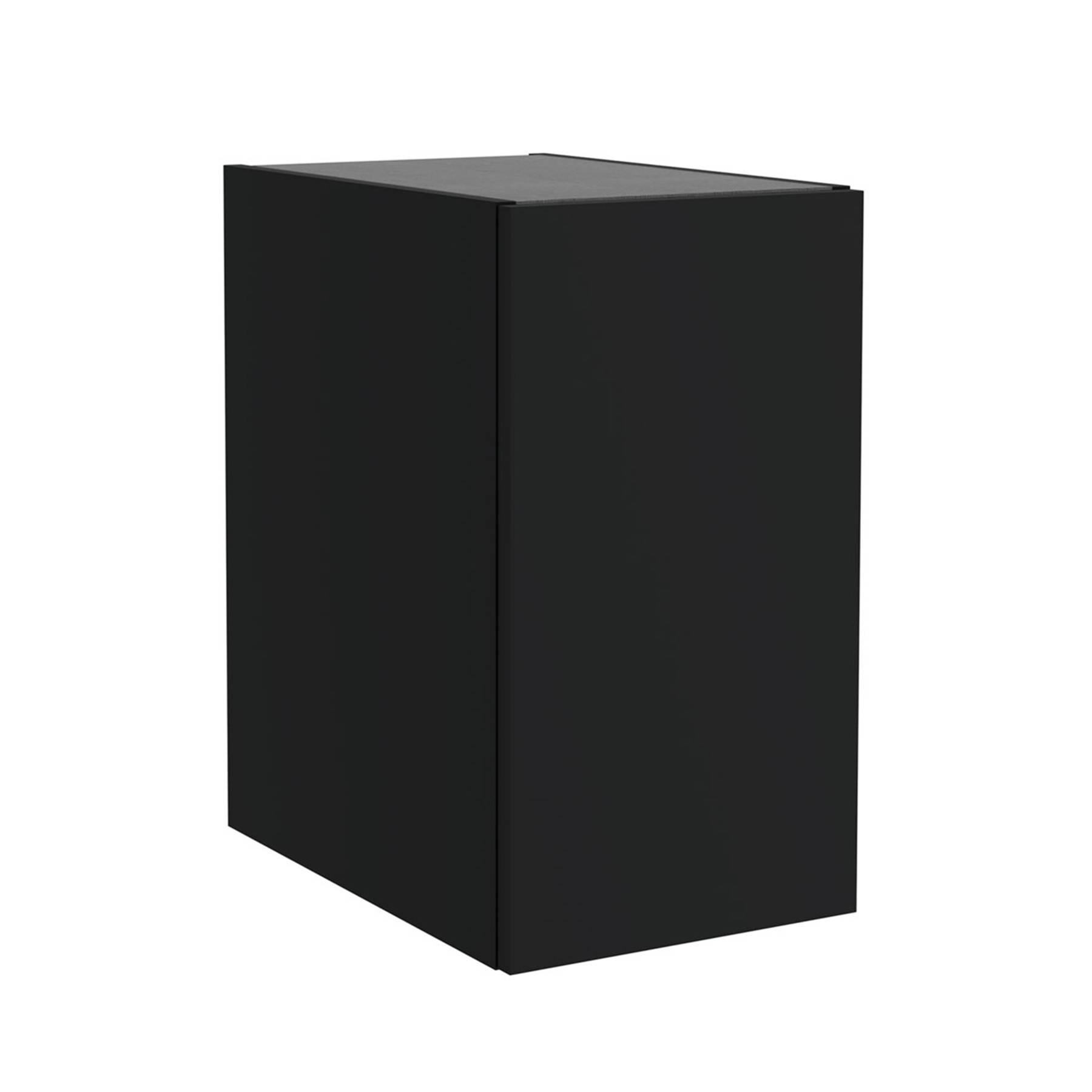 Ein schwarzer, rechteckiger Metallschrank mit schlichtem Design, der auf einer ebenen Oberfläche steht.