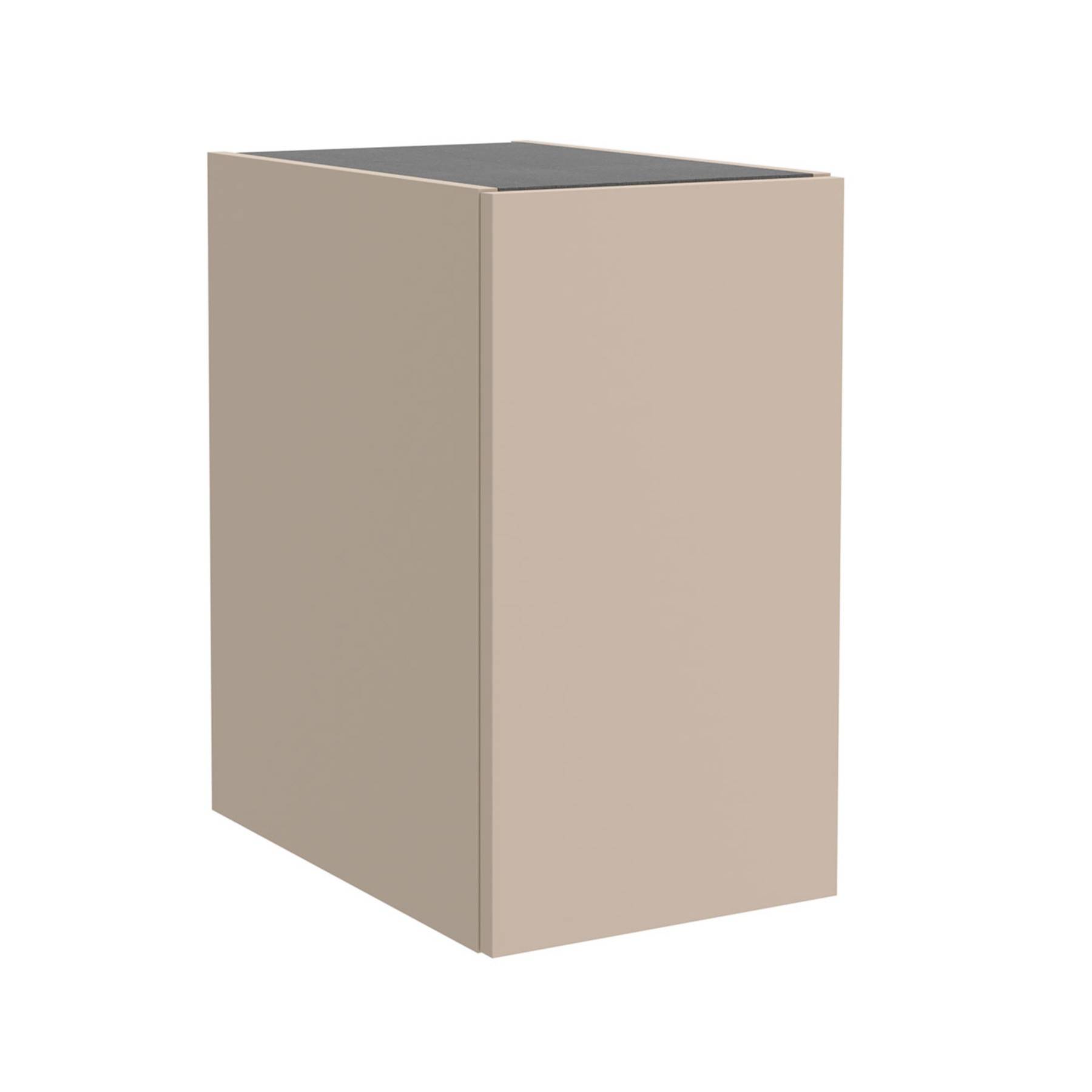 Ein beiger, rechteckiger, kastenförmiger Schrank mit flacher Oberfläche und ohne sichtbare Griffe, auf weißem Hintergrund positioniert.