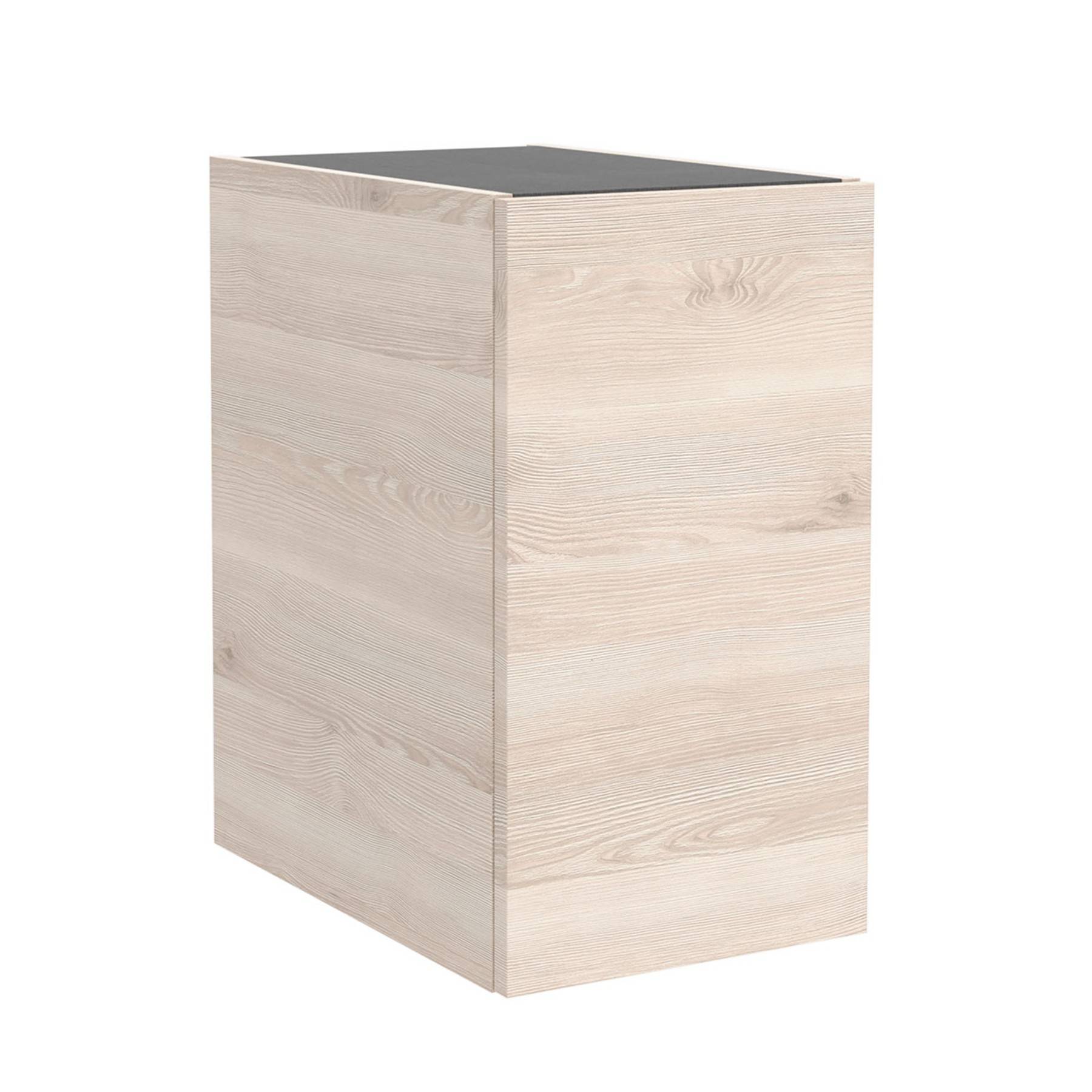 Ein rechteckiger Schrank aus hellem Holz mit einer schwarzen Platte, konzipiert für Lagerung oder Möbelzwecke.