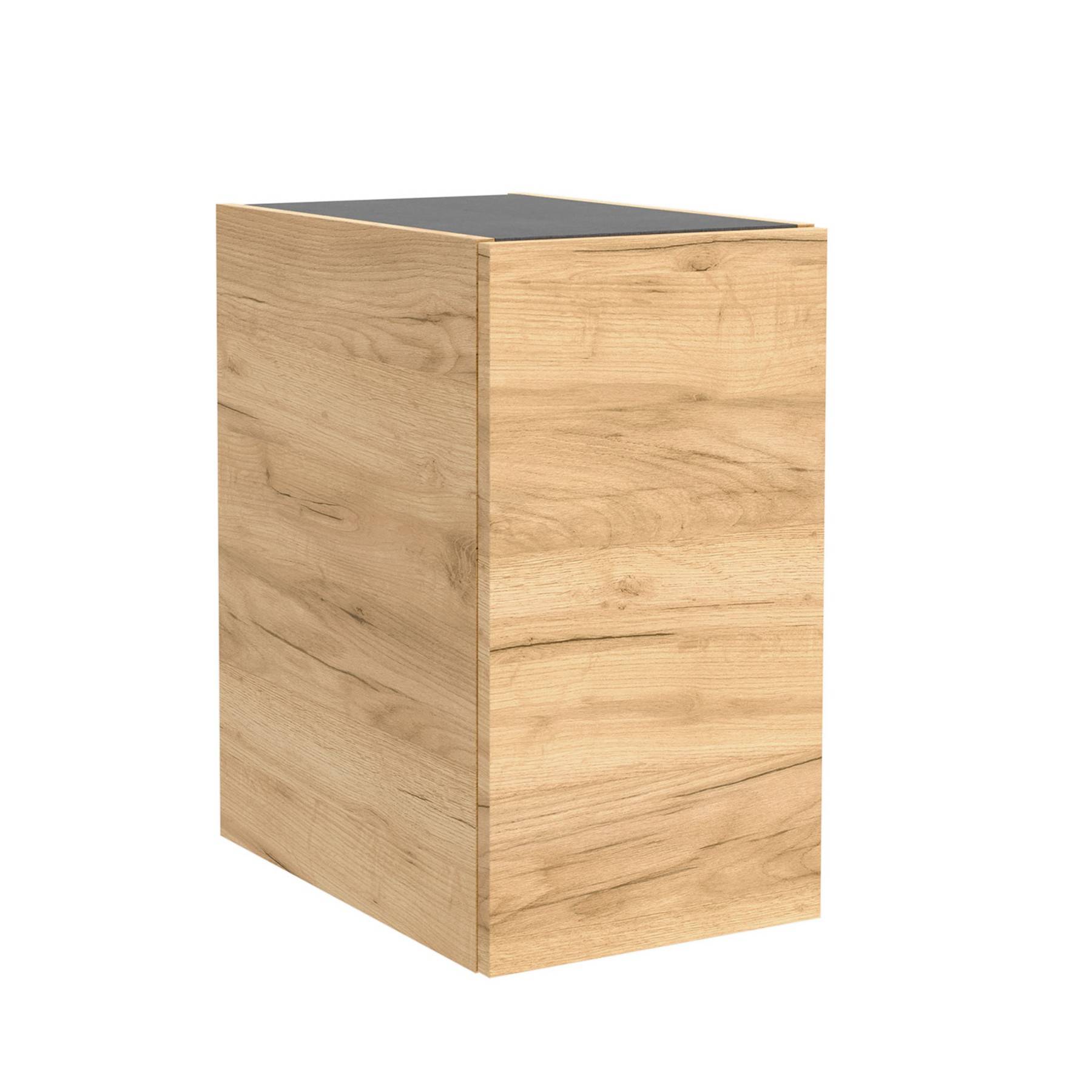 Rechteckige Holzkiste mit einer schwarzen Oberfläche, die einem minimalistischen Schrank oder Beistelltisch ähnelt.