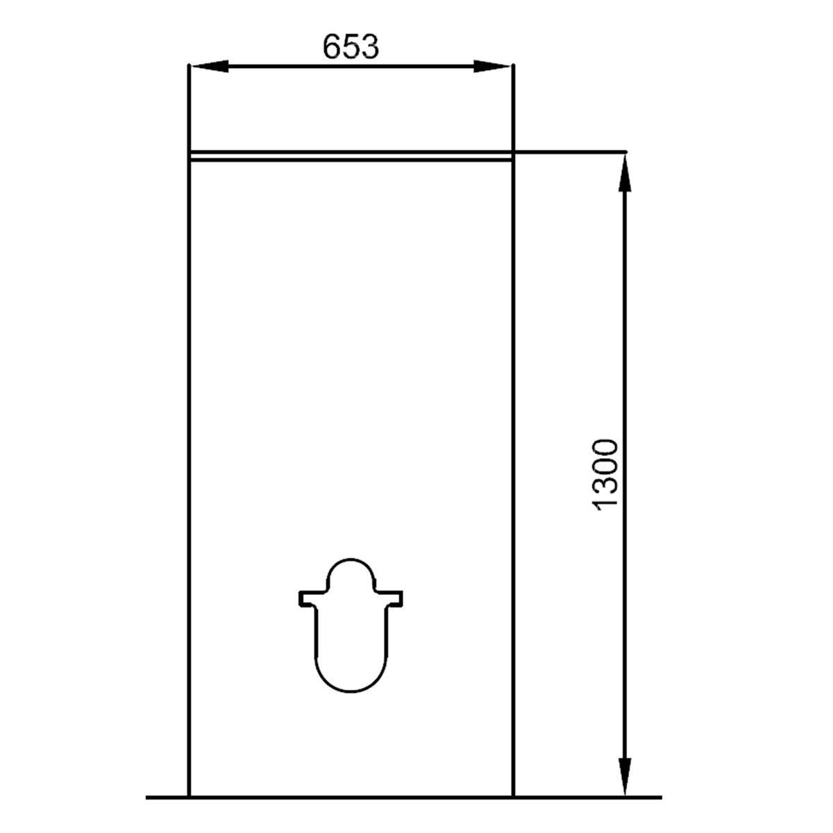 Technische Linienzeichnung eines hohen rechteckigen Panels oder einer Tür mit einer zentrierten schlüssellochförmigen Aussparung; Abmessungen mit 653 Breite und 1300 Höhe beschriftet.