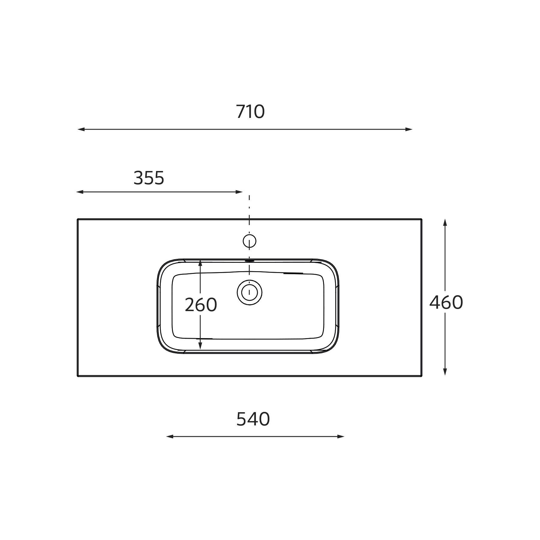 Diagramm eines Waschbeckens mit Abmessungen: Breite 710 mm, Höhe 460 mm, Beckenbreite 540 mm, Beckentiefe 260 mm und Wasserhahnmitte 355 mm vom Rand entfernt.