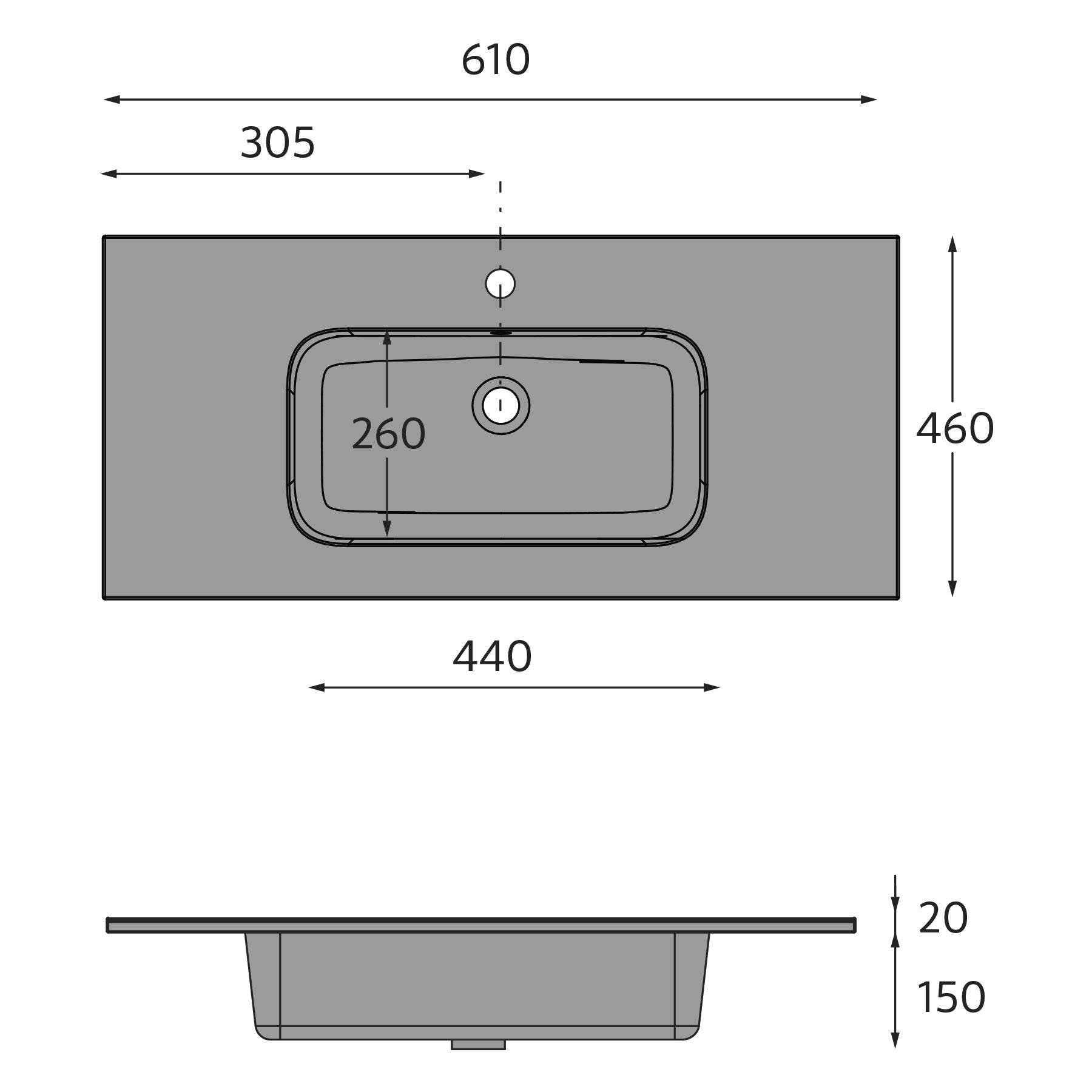 Diagramm eines rechteckigen Waschbeckens mit Abmessungen: 610 mm breit, 460 mm tief, Beckentiefe 440 mm. Seitenansicht zeigt 20 mm dicke Platte, 150 mm Tiefe.