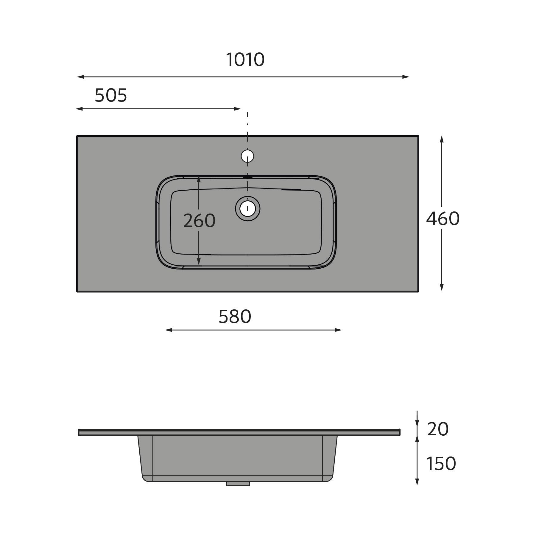Maßskizze Spüle: Draufsicht zeigt eine Breite von 1010 mm und eine Tiefe von 460 mm, wobei die Spülenbreite 580 mm beträgt. Seitenansicht zeigt eine Spulenhöhe von 150 mm.
