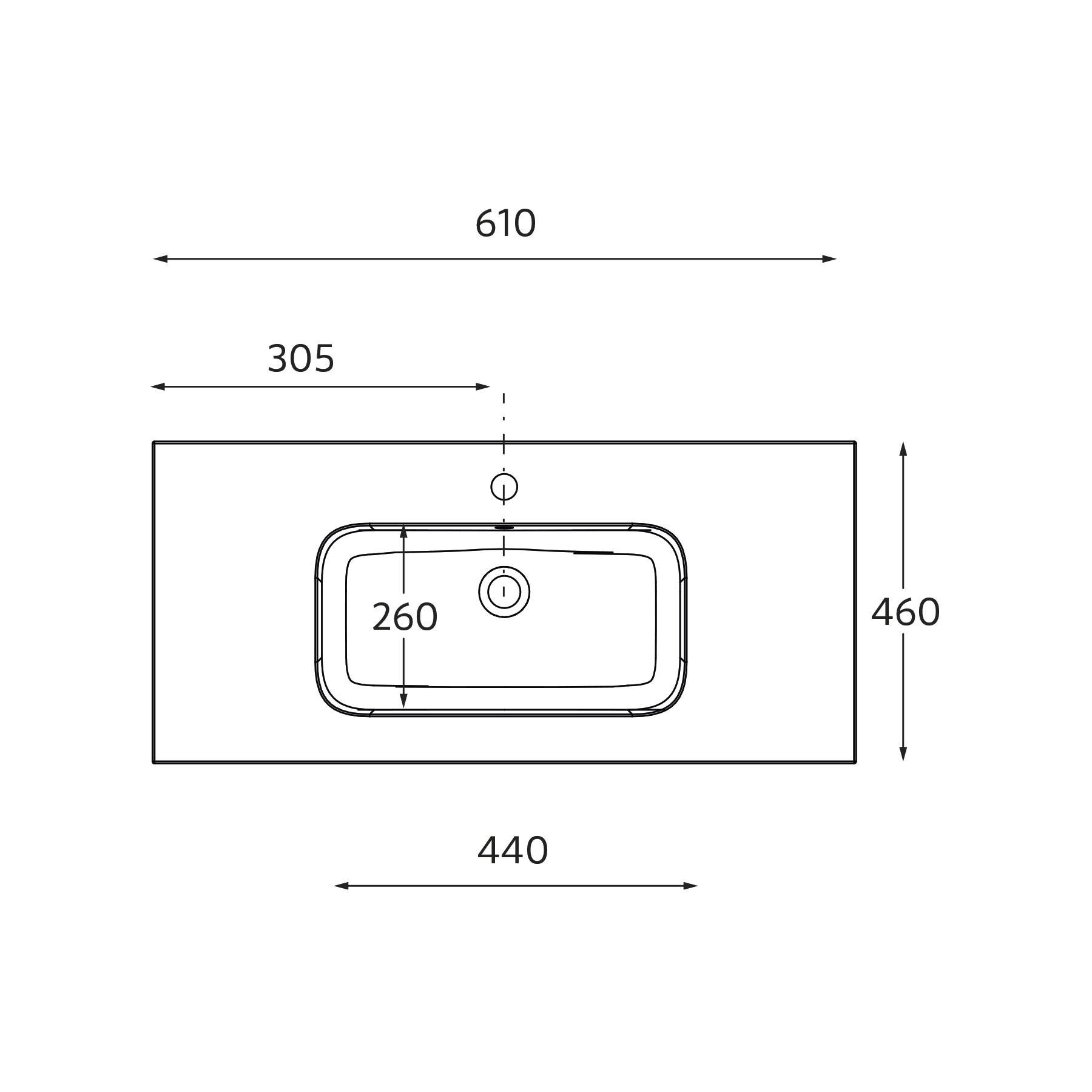 Schematische Darstellung eines rechteckigen Waschbeckens mit Abmessungen: Breite 610 mm, Tiefe 460 mm und Beckenbreite 440 mm, Beckentiefe 260 mm.