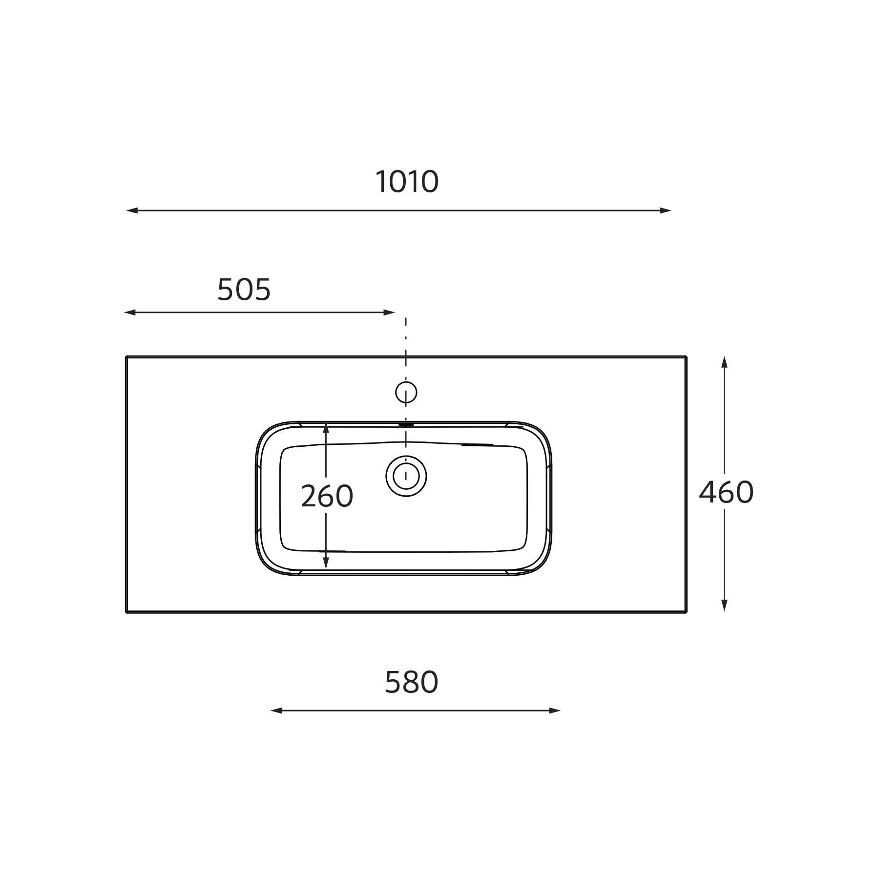Draufsicht eines rechteckigen Waschbeckens in einer Arbeitsplatte, 1010 mm breit, 460 mm tief. Beckendimensionen: 580 mm breit, 505 mm vom linken Rand positioniert.