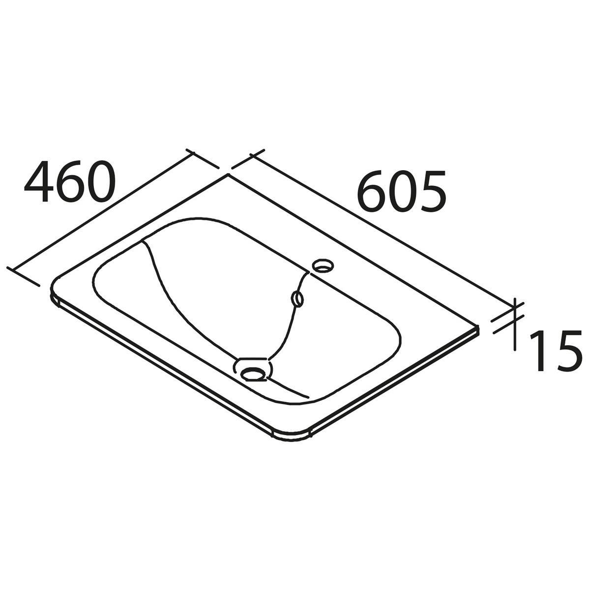 Technische Zeichnung eines rechteckigen Waschbeckens oder Beckens, gekennzeichnet mit 605 x 460 x 15, zeigt Draufsicht mit Ablauf- und Wasserhahnanschlussöffnungen.