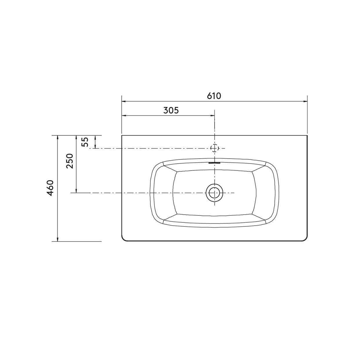 Technische Zeichnung eines rechteckigen Waschbeckens mit zentralem Becken, das die Abmessungen 610 mm Breite, 460 mm Tiefe und markierte Vorrichtungspositionen bei 305 mm, 250 mm und 55 mm zeigt.